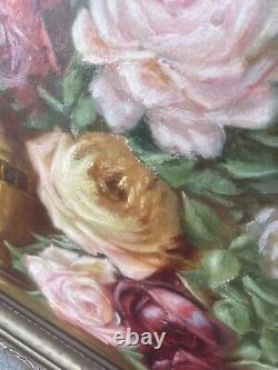 Antique oil painting on cancas roses floral gold frame signed