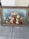 Antique Oil Painting On Canvas Cabbage Rose Roses Floral Gold Frame Signed