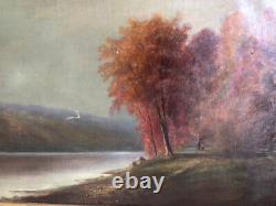 Antique old oil painting. Beautiful landscape withlake and mountains. Signed