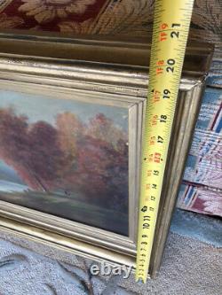 Antique old oil painting. Beautiful landscape withlake and mountains. Signed
