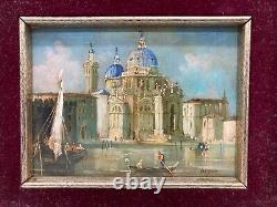 Antique or Vintage Italian Venice Oil Painting on Copper Panel in Gilt Frame c