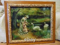 Antique signed oil painting 20 x 24 EASTLAKE frame lady daughter swan original
