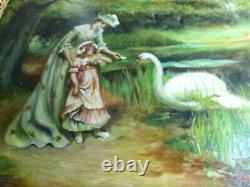Antique signed oil painting 20 x 24 EASTLAKE frame lady daughter swan original
