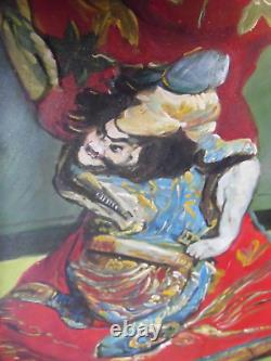 Antique signed oil painting 25 x 37 ASIAN FAN DANCE RENOIR original frame BEAUTY