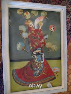 Antique signed oil painting 25 x 37 ASIAN FAN DANCE RENOIR original frame BEAUTY