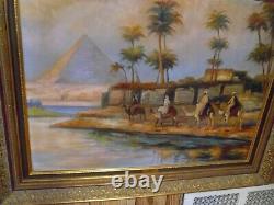 Antique signed oil painting Egyptian pyramid camel scene ORIGINAL 33 x 25 frame