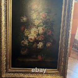 Beautiful! Floral Antique oil on canvas(34x46)Wood Frame Still Life (Signed)