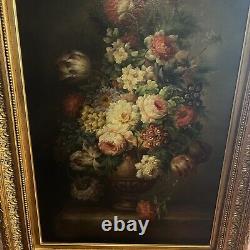 Beautiful! Floral Antique oil on canvas(34x46)Wood Frame Still Life (Signed)