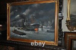 Beautiful Large Antique Americana Harbor Painting oil on canvas