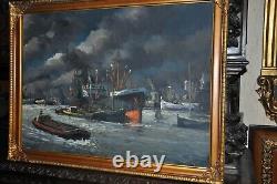 Beautiful Large Antique Americana Harbor Painting oil on canvas