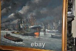 Beautiful Large Antique Americana Harbor Painting oil on canvas