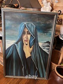 Beautiful vintage RARE antique oil painting blue nun Religious? Catholic