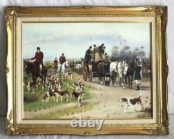 Big Vintage 29 Orig British Hunt Oil Painting Dog Horse Gold Gilt Frame Signed