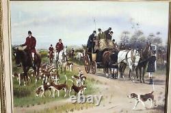 Big Vintage 29 Orig British Hunt Oil Painting Dog Horse Gold Gilt Frame Signed