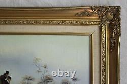 Big Vintage 29 Orig British Hunt Oil Painting Dog Horse Gold Gilt Frame Signed