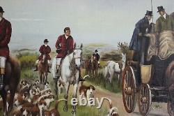 Big Vintage 29 Orig British Hunt Oil Painting Dog Horse Gold Gilt Frame Signed