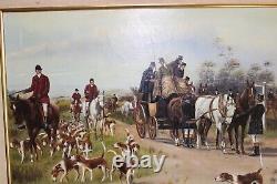 Big Vintage 29 Orig British Hunt Oil Painting Dog Horse Gold Gilt Frame Signed