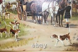 Big Vintage 29 Orig British Hunt Oil Painting Dog Horse Gold Gilt Frame Signed