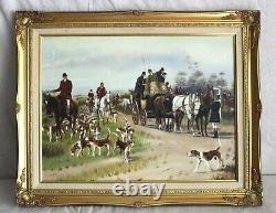 Big Vintage 29 Orig British Hunt Oil Painting Dog Horse Gold Gilt Frame Signed