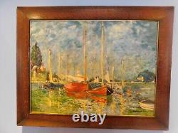 C. 1920 Tiger Oak Antique Frame & MCM Post Impressionist Boats Harbor D. Chambers