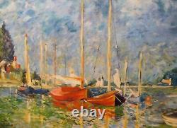 C. 1920 Tiger Oak Antique Frame & MCM Post Impressionist Boats Harbor D. Chambers