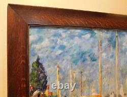 C. 1920 Tiger Oak Antique Frame & MCM Post Impressionist Boats Harbor D. Chambers