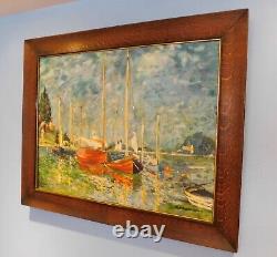 C. 1920 Tiger Oak Antique Frame & MCM Post Impressionist Boats Harbor D. Chambers