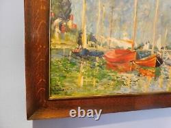 C. 1920 Tiger Oak Antique Frame & MCM Post Impressionist Boats Harbor D. Chambers