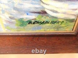 C. 1920 Tiger Oak Antique Frame & MCM Post Impressionist Boats Harbor D. Chambers