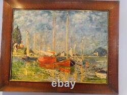 C. 1920 Tiger Oak Antique Frame & MCM Post Impressionist Boats Harbor D. Chambers