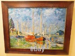 C. 1920 Tiger Oak Antique Frame & MCM Post Impressionist Boats Harbor D. Chambers