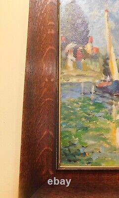 C. 1920 Tiger Oak Antique Frame & MCM Post Impressionist Boats Harbor D. Chambers