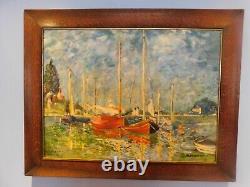 C. 1920 Tiger Oak Antique Frame & MCM Post Impressionist Boats Harbor D. Chambers