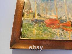 C. 1920 Tiger Oak Antique Frame & MCM Post Impressionist Boats Harbor D. Chambers