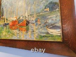 C. 1920 Tiger Oak Antique Frame & MCM Post Impressionist Boats Harbor D. Chambers