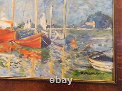 C. 1920 Tiger Oak Antique Frame & MCM Post Impressionist Boats Harbor D. Chambers