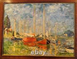 C. 1920 Tiger Oak Antique Frame & MCM Post Impressionist Boats Harbor D. Chambers