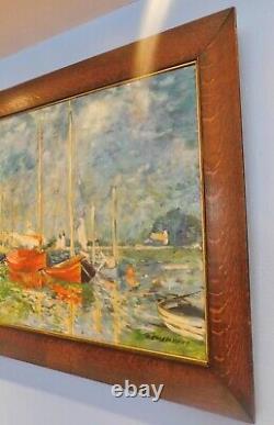 C. 1920 Tiger Oak Antique Frame & MCM Post Impressionist Boats Harbor D. Chambers