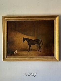 CLAUDE FERNELEY 19TH CENTURY BRITISH ANTIQUE HORSE & DOG OIL PAINTING OLD 1880s