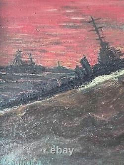 Captivating Old Antique Submarine Seascape Oil Painting Modern Ship Boat Ocean