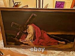Catholic Church Large Antique Oil Painting icon Jesus Christ carrying Cross