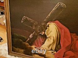 Catholic Church Large Antique Oil Painting icon Jesus Christ carrying Cross