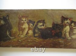 Charming Antique 19th Century Oil Panting Large Cat Kitten Family 45 Cuevas Old