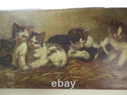 Charming Antique 19th Century Oil Panting Large Cat Kitten Family 45 Cuevas Old