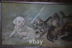 Dogs/Puppies Antique Original Oil on Canvas CL Van Vredenburgh circa 1900