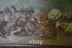 Dogs/Puppies Antique Original Oil on Canvas CL Van Vredenburgh circa 1900