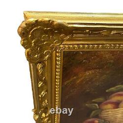 E. Chester Antique Oil Painting Still life Fruits Flower Golden Wood Frame 20x24