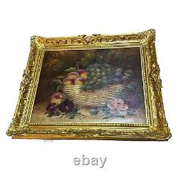 E. Chester Antique Oil Painting Still life Fruits Flower Golden Wood Frame 20x24