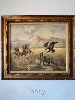 ELEMER KOVACS ANTIQUE WESTERN OIL PAINTING VINTAGE HUNGARIAN HUNTING WILD 1960s