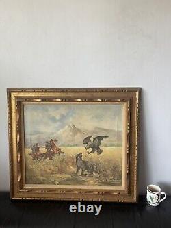 ELEMER KOVACS ANTIQUE WESTERN OIL PAINTING VINTAGE HUNGARIAN HUNTING WILD 1960s